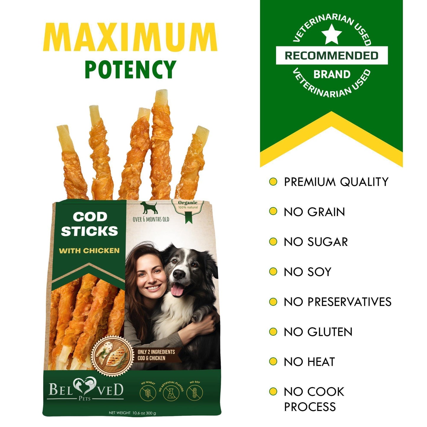 Cod Sticks Dog Treats Chicken Wrapped   All Natural Rawhide   Free & Grain Free