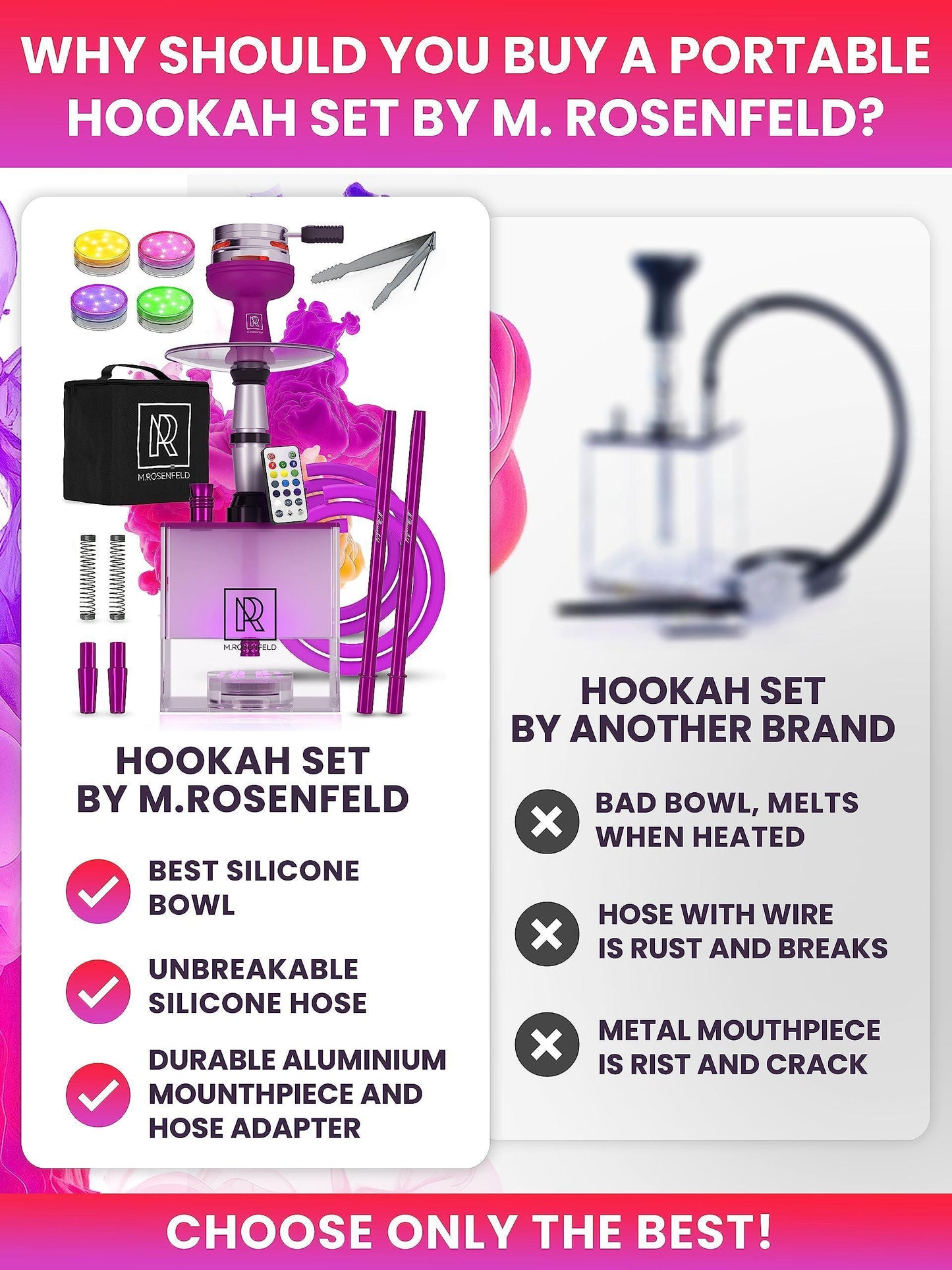 Purple Hookah 2 Hose Hookah Set   YADO Square Hookah To Go with Hookah Charcoal