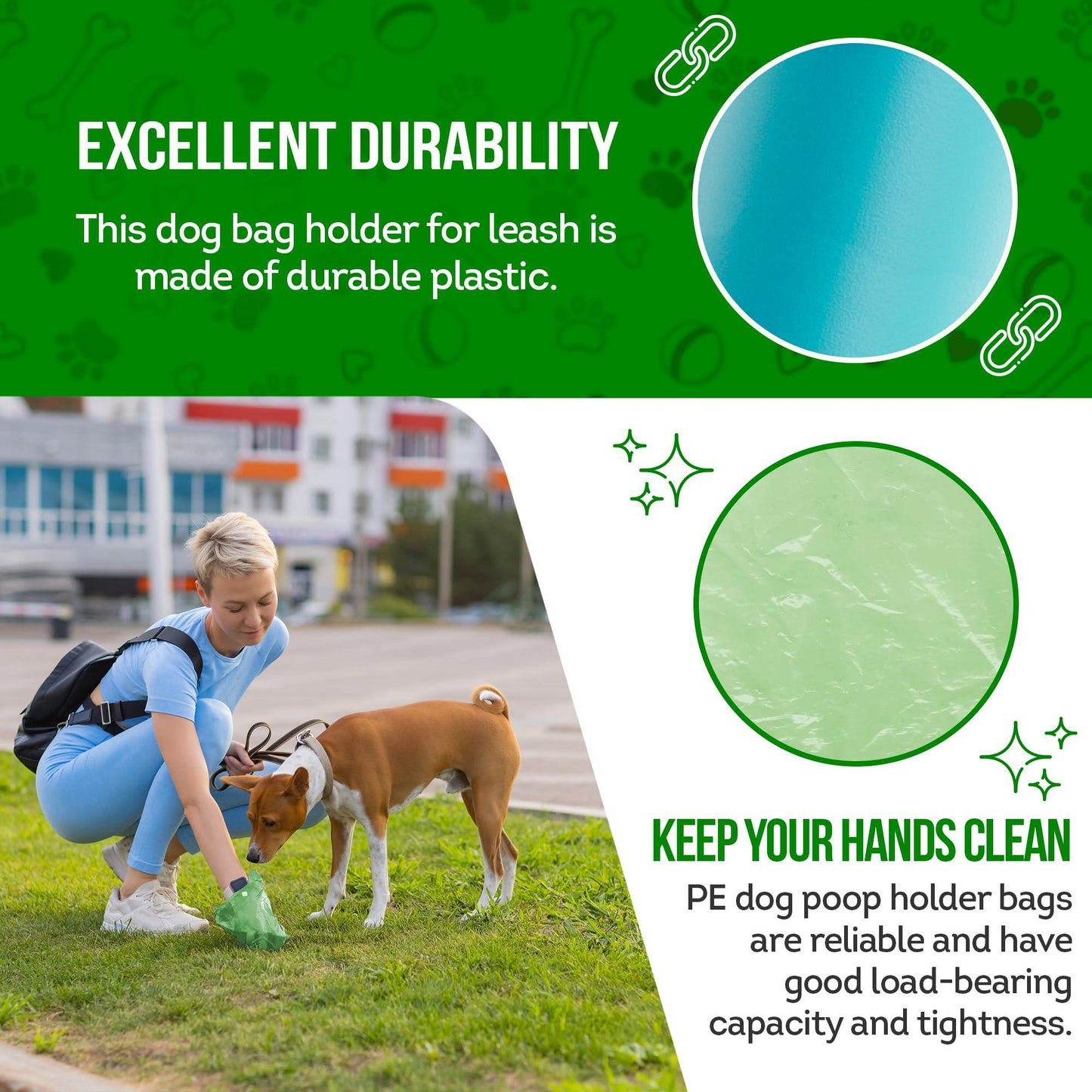 Dog Poop Bag Dispenser with 4 Rolls of 15 Bags in Each. Green Dog Poop Bag