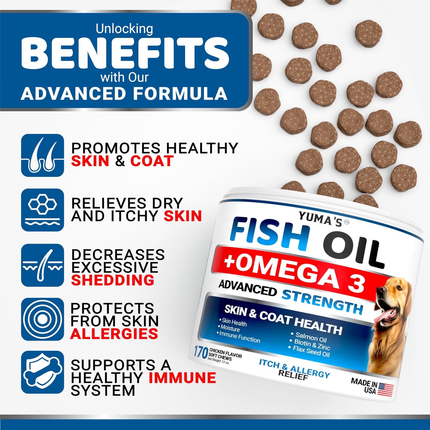 Omega 3 Fish Oil for Dogs   170 Chews   Skin and Coat Supplement   Omega 3 for