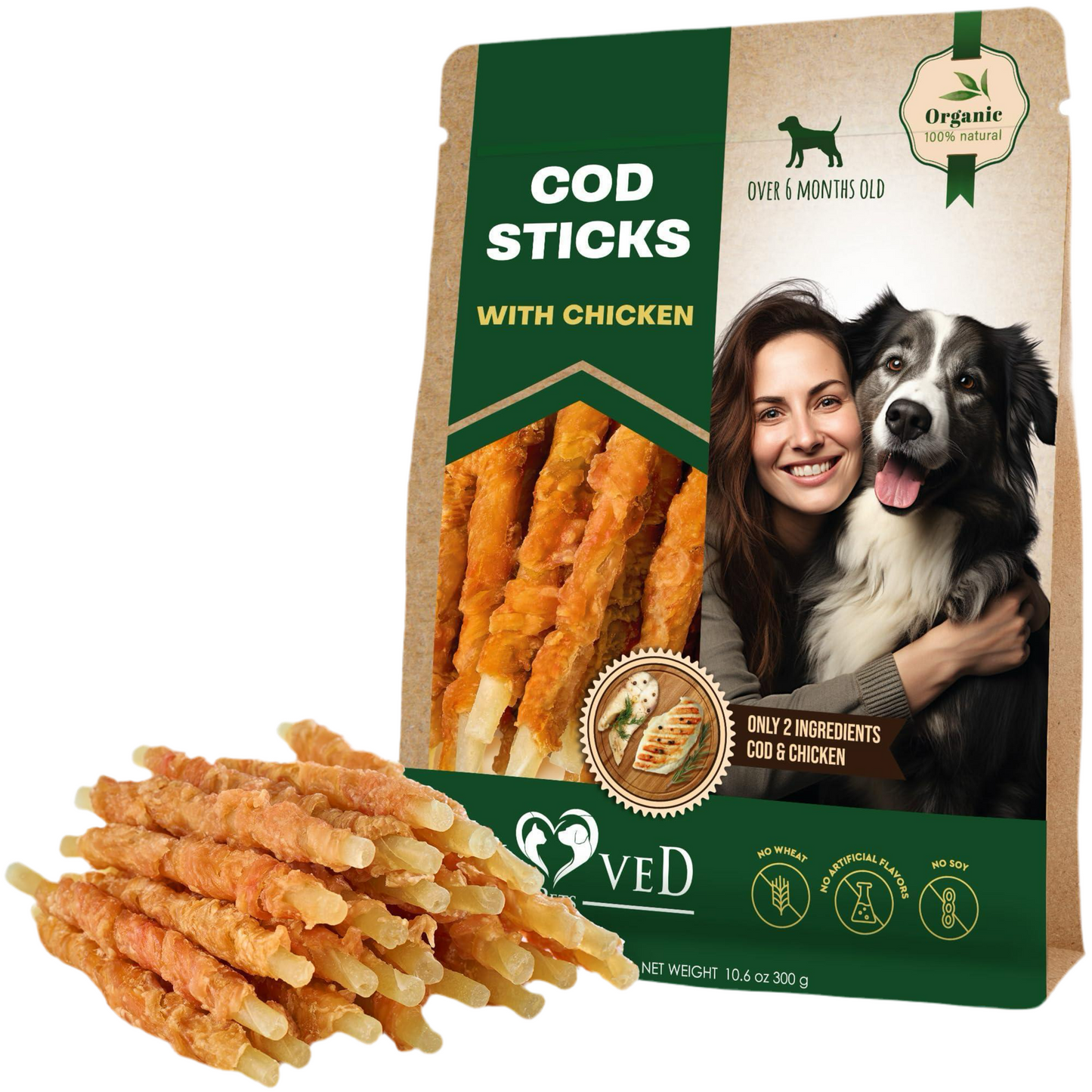 Cod Sticks Dog Treats Chicken Wrapped   All Natural Rawhide   Free & Grain Free