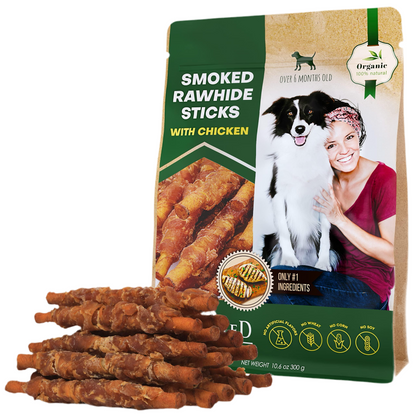 Dog Smoked Rawhide Sticks Wrapped Chicken & Pet Natural Chew Treats   Grain