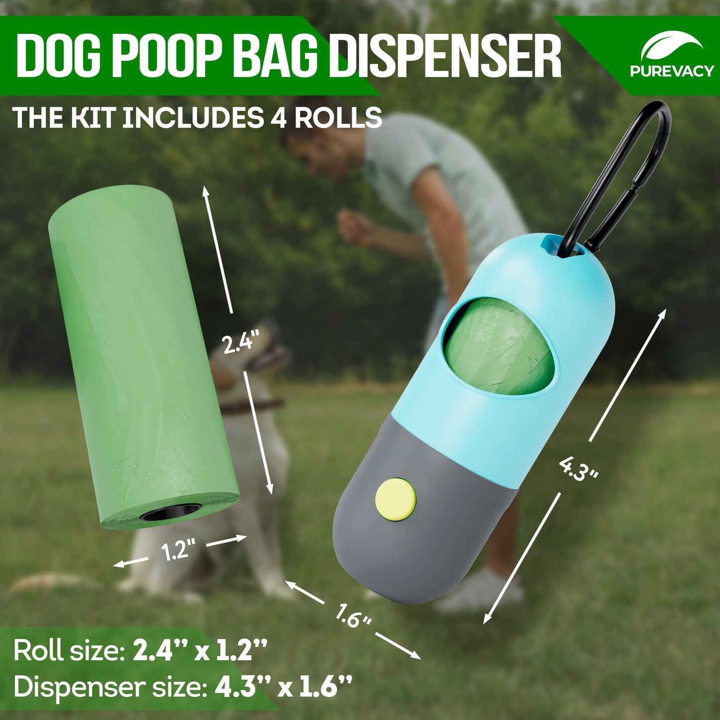 Dog Poop Bag Dispenser with 4 Rolls of 15 Bags in Each. Green Dog Poop Bag