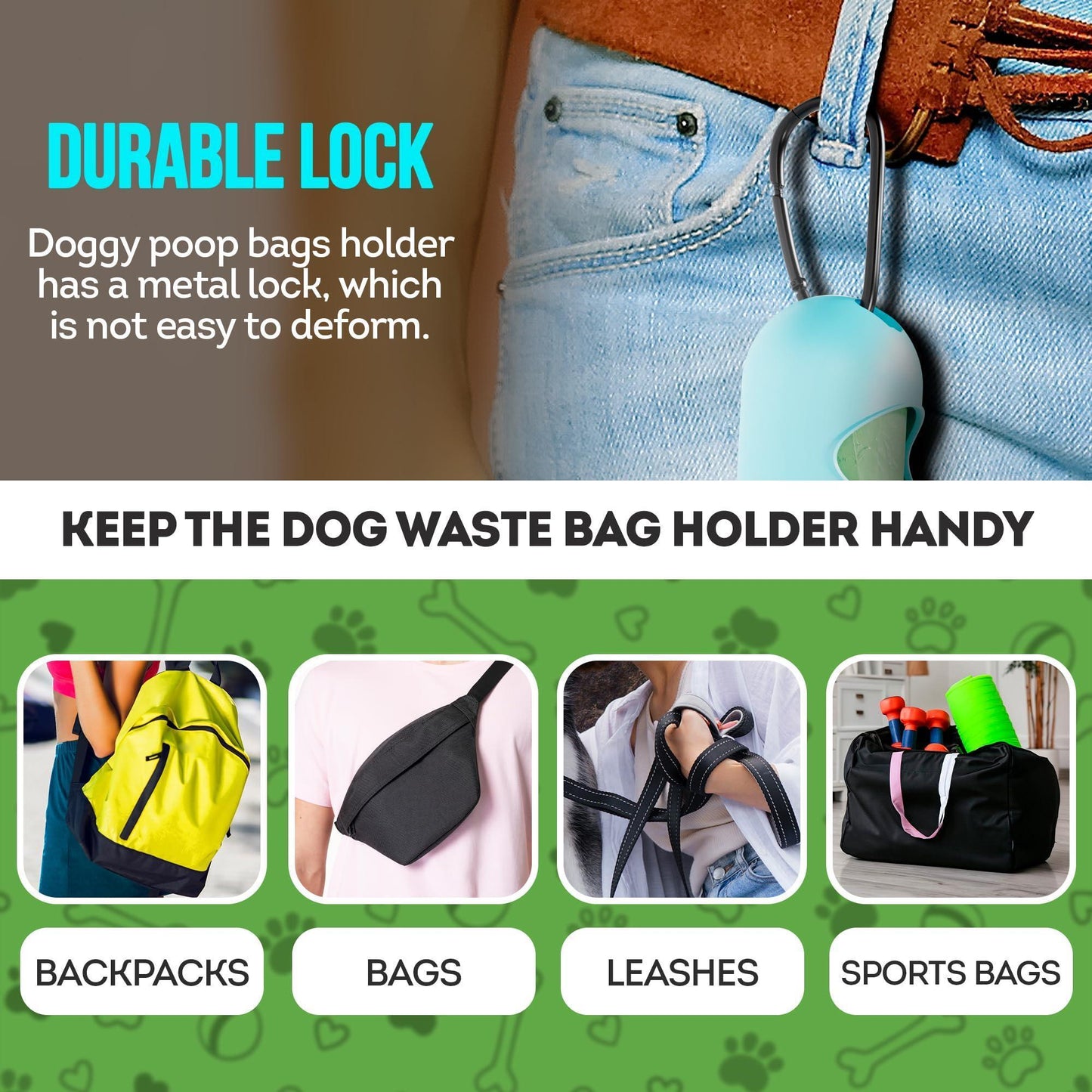 Dog Poop Bag Dispenser with 4 Rolls of 15 Bags in Each. Green Dog Poop Bag