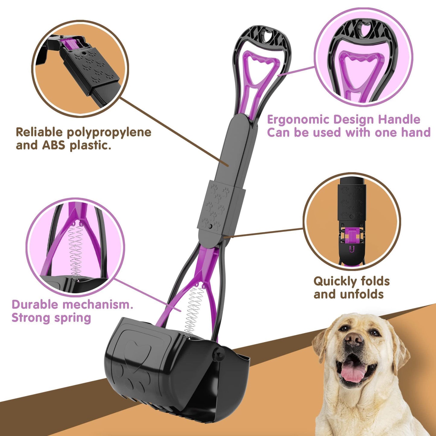 Portable Dog Pooper Scooper for All Surfaces Pink 23 Inch Long Pooper Scooper