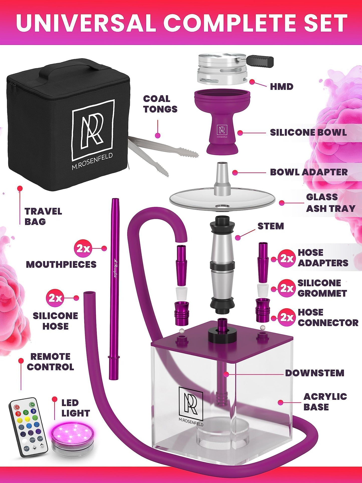 Purple Hookah 2 Hose Hookah Set   YADO Square Hookah To Go with Hookah Charcoal